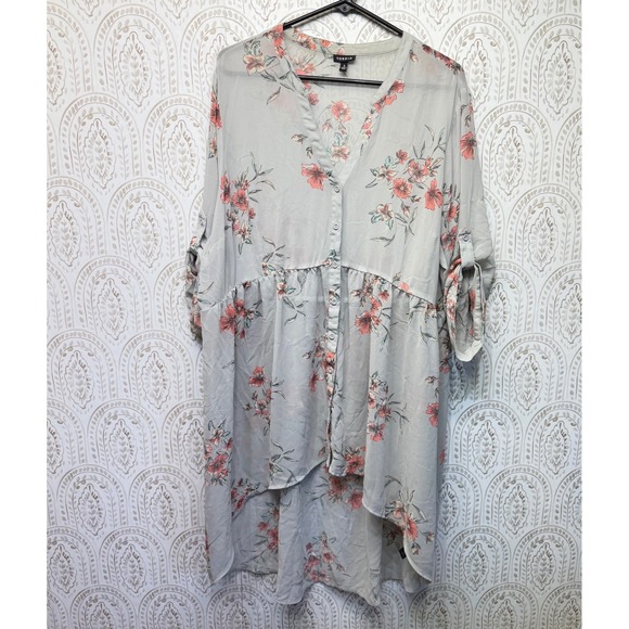 torrid Tops - Torrid Tunic Top Womens 3‎ Grey Floral Sheer Roll Tab Sleeve Button High Low Hem